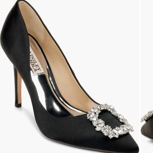 Badgley Mischka Black Satin Heels with Crystal Embellishment